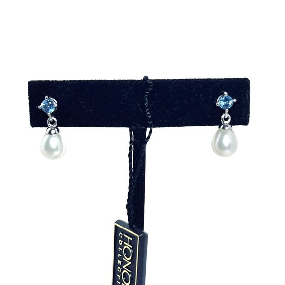 Honora Sterling Silver, Pearls And Blue Topaz Rhinestone Earrings (5977-1-2) - Picture 3 of 9